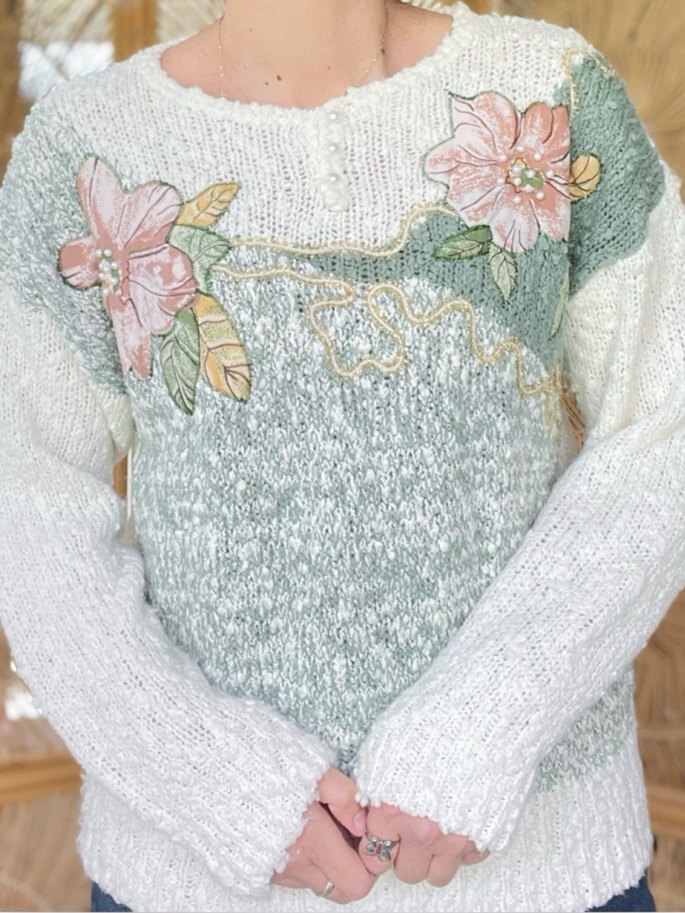 Vintage Needles and Yarn Cream Tone with Green & Pink Floral Flowers Appliqués M